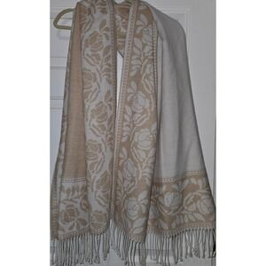 Dennis Basso Floral Scarf Beige Cream Roses Fringed Shawl Wrap Cozy Elegant